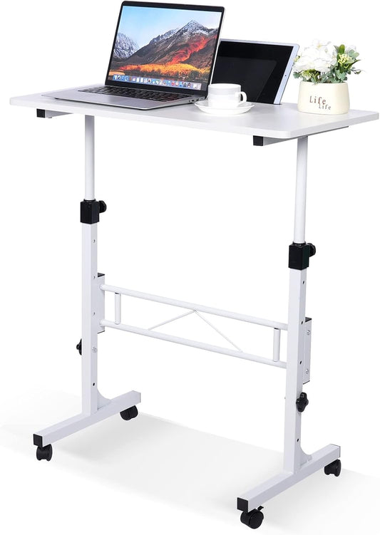 Standing Desk Adjustable Height, Mobile Stand up Desk with Wheels Small Computer Desk Rolling Desk, Portable Laptop Desk White Standing Table Home Office Desks 16"X31.5" Height 27"-43.5"