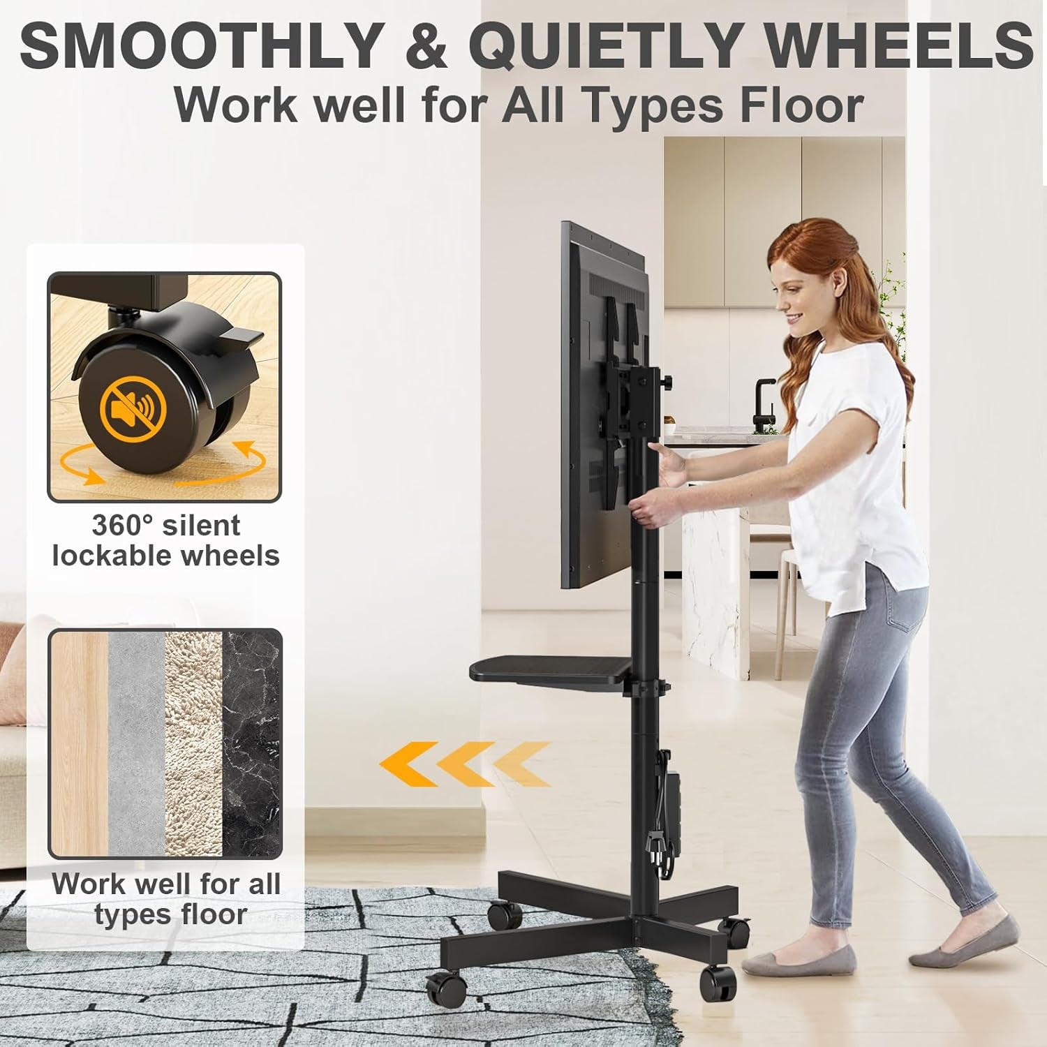 Mobile TV Stand with Power Outlet, Tilt Rolling TV Cart for 23-65 Inch LCD LED OLED Flat Curved Screen Tvs up to 88 Lbs, Height Adjustment Portable TV Stand on Wheels, Max VESA 400X400Mm