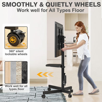 Mobile TV Stand with Power Outlet, Tilt Rolling TV Cart for 23-65 Inch LCD LED OLED Flat Curved Screen Tvs up to 88 Lbs, Height Adjustment Portable TV Stand on Wheels, Max VESA 400X400Mm