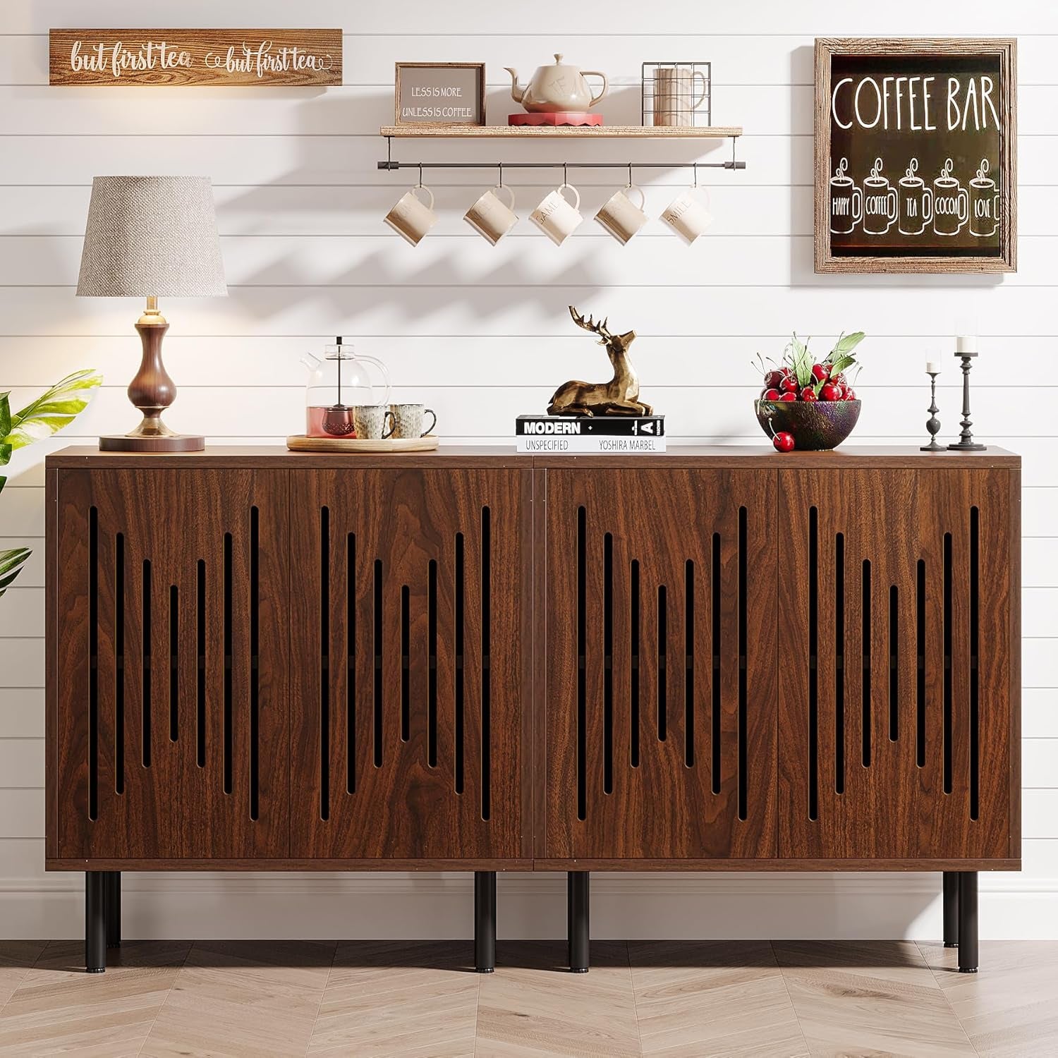 Set of 2 Sideboard Buffet with Storage, 59" Buffet Sideboard Cabinet with Adjustable Shelves, Accent Storage Cabinet for Living Room, Dark Brown