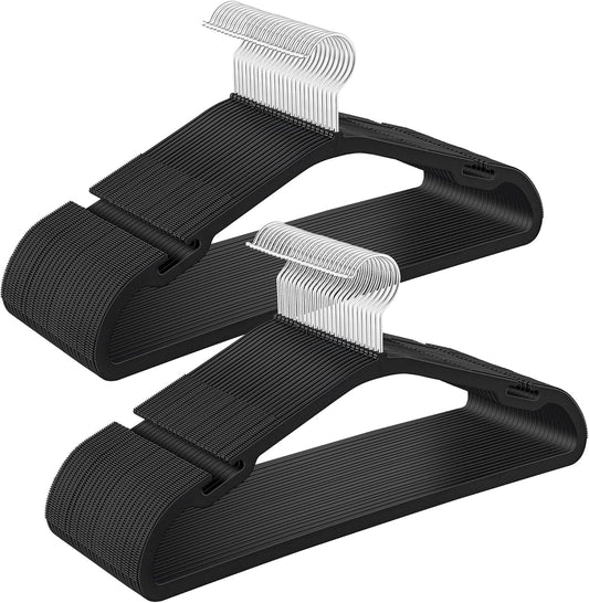 Clothes Hangers 50 Pack, Heavy-Duty Plastic Hangers, Coat Hangers with Wide Shoulder Notches, Pant Bar, 360° Swivel Hook, Space-Saving, 16.4 Inches, for Closet, Ink Black UCRP060B01