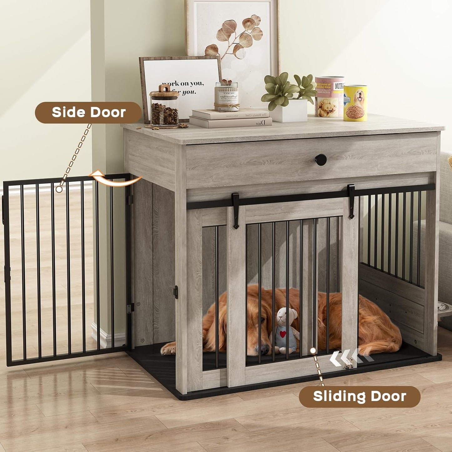 Large Dog Crate Furniture with Sliding Door & 360° Spinning Bowls | Durable Modern End Table for Medium & Large Dogs for Pet Owners (40-Inch)