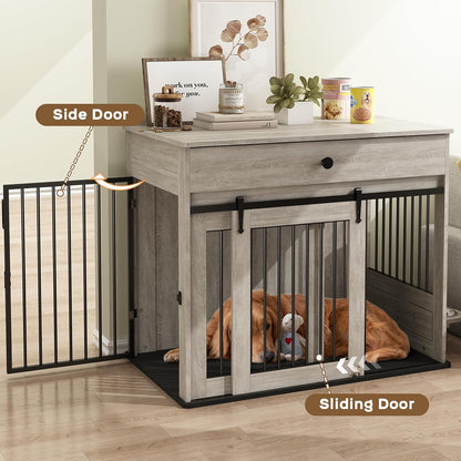 Large Dog Crate Furniture with Sliding Door & 360° Spinning Bowls | Durable Modern End Table for Medium & Large Dogs for Pet Owners (40-Inch)