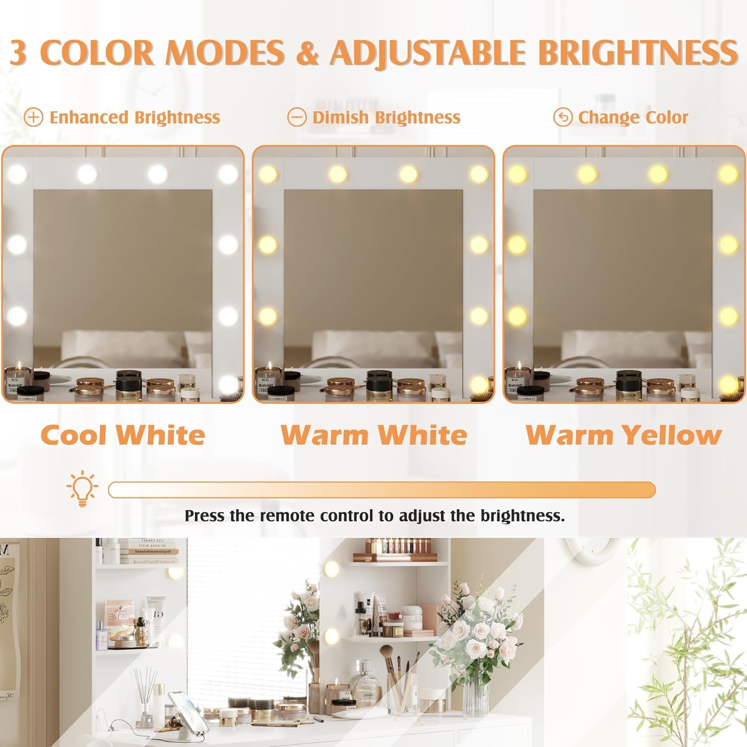 Vanity Desk with Mirror, Power Outlet and 10 Lights, Makeup Table with 7 Drawers, 3 Color Modes Available for Bedroom, White
