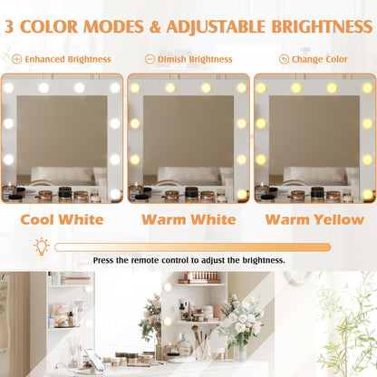 Vanity Desk with Mirror, Power Outlet and 10 Lights, Makeup Table with 7 Drawers, 3 Color Modes Available for Bedroom, White