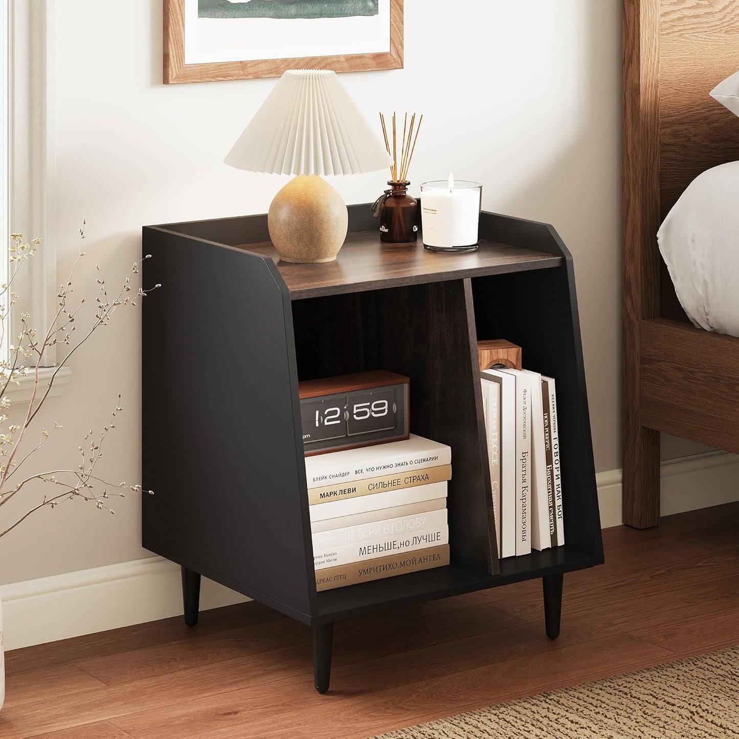 Nighstand Set of 3,Small End Side Table with Adjustable Divided Shelves for Vinyl Storage， Suitable for Music Room Living Room Bedroom