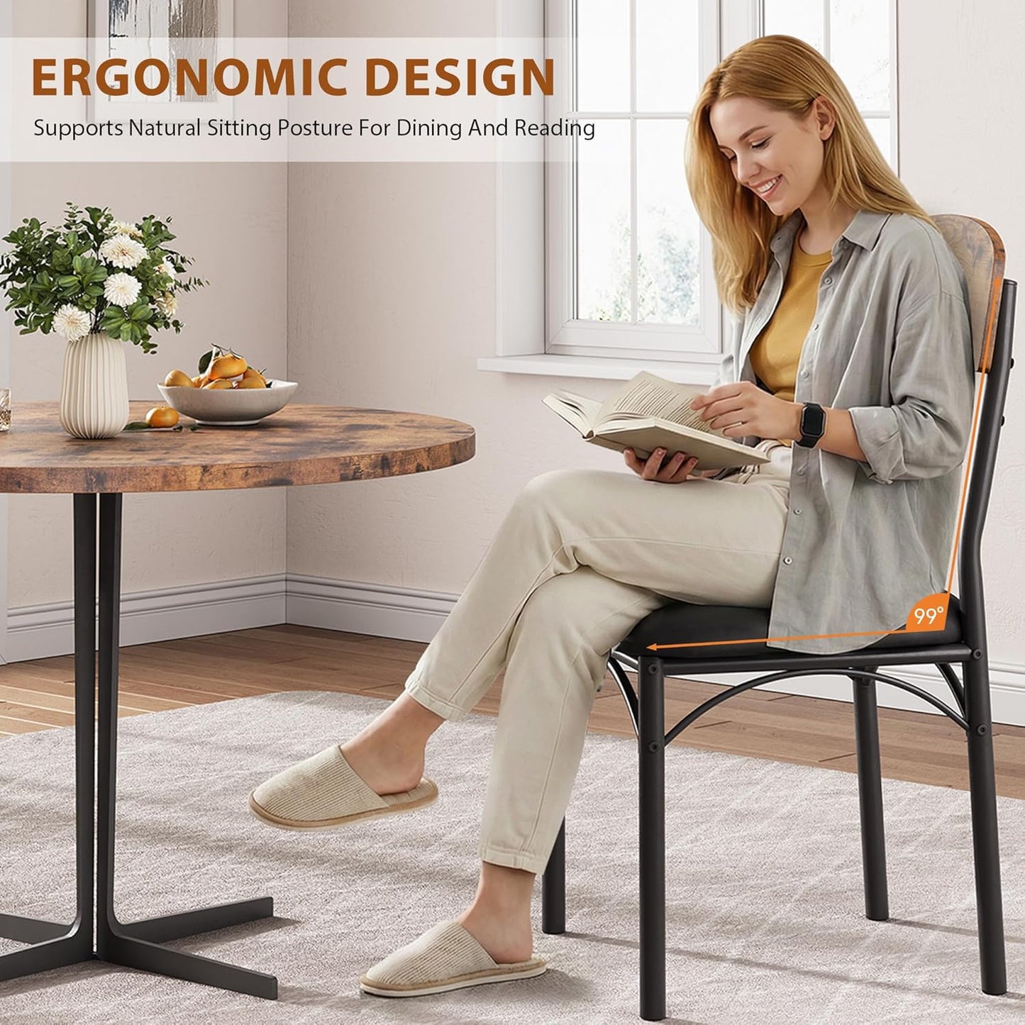 Dining Chairs Set of 4 - Upholstered Dining Room Chairs with PU Leather, Industrial Kitchen Chairs with Wooden Backrest and Thickened Metal Legs, for Dining Room, Living Room (Vintage)
