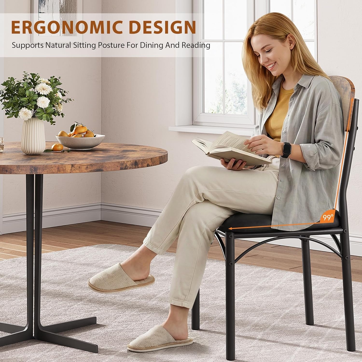 Dining Chairs Set of 4 - Upholstered Dining Room Chairs with PU Leather, Industrial Kitchen Chairs with Wooden Backrest and Thickened Metal Legs, for Dining Room, Living Room (Vintage)