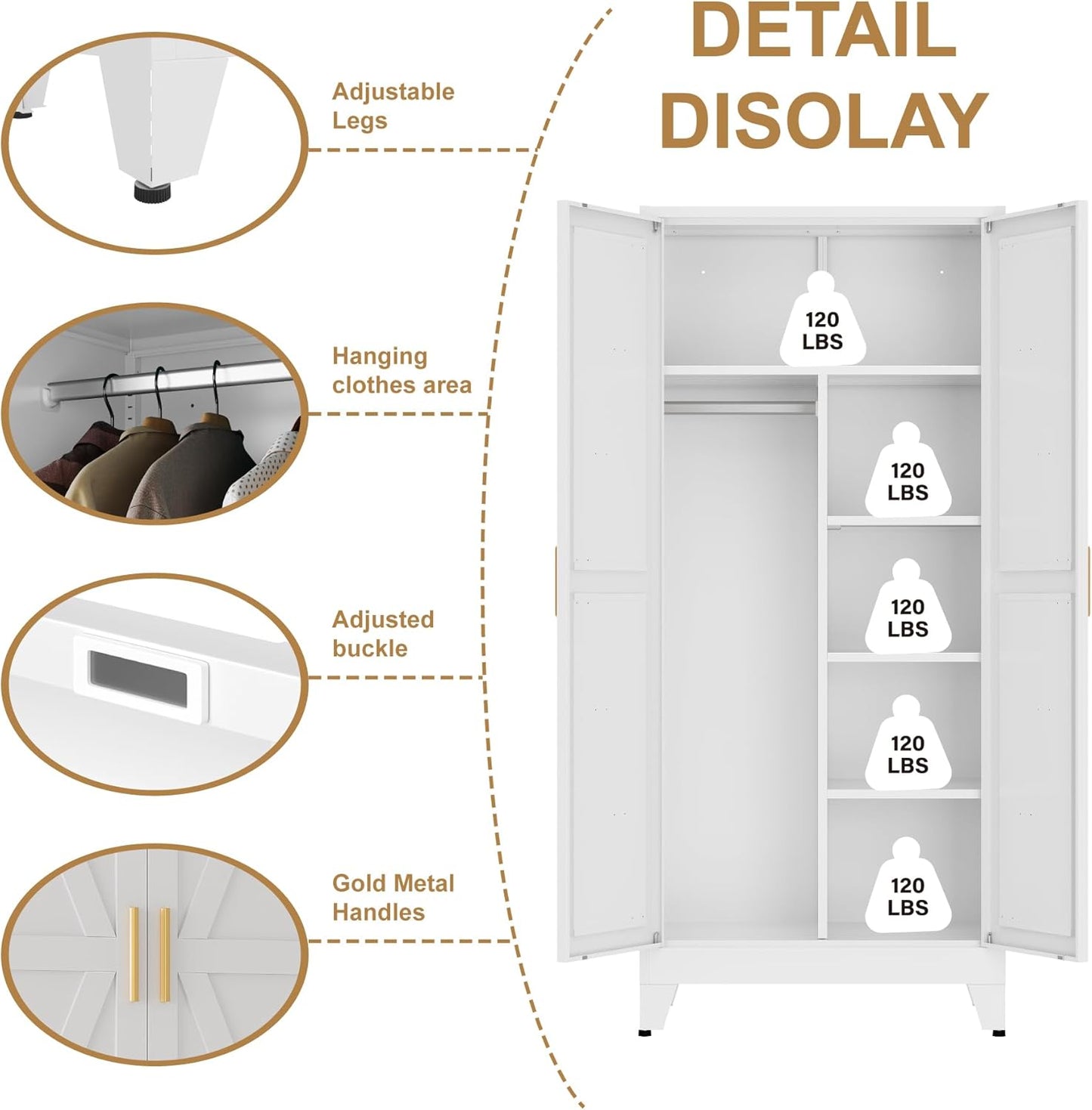 Metal Armoire Wardrobe Closet with Hanging Rod,71'' Laundry Room Cabinets with 2 Doors and 3 Adjustable Shelves,Bedroom Armoires,Laundry Room Cabinets,Armario De Ropa Closet（Modern）