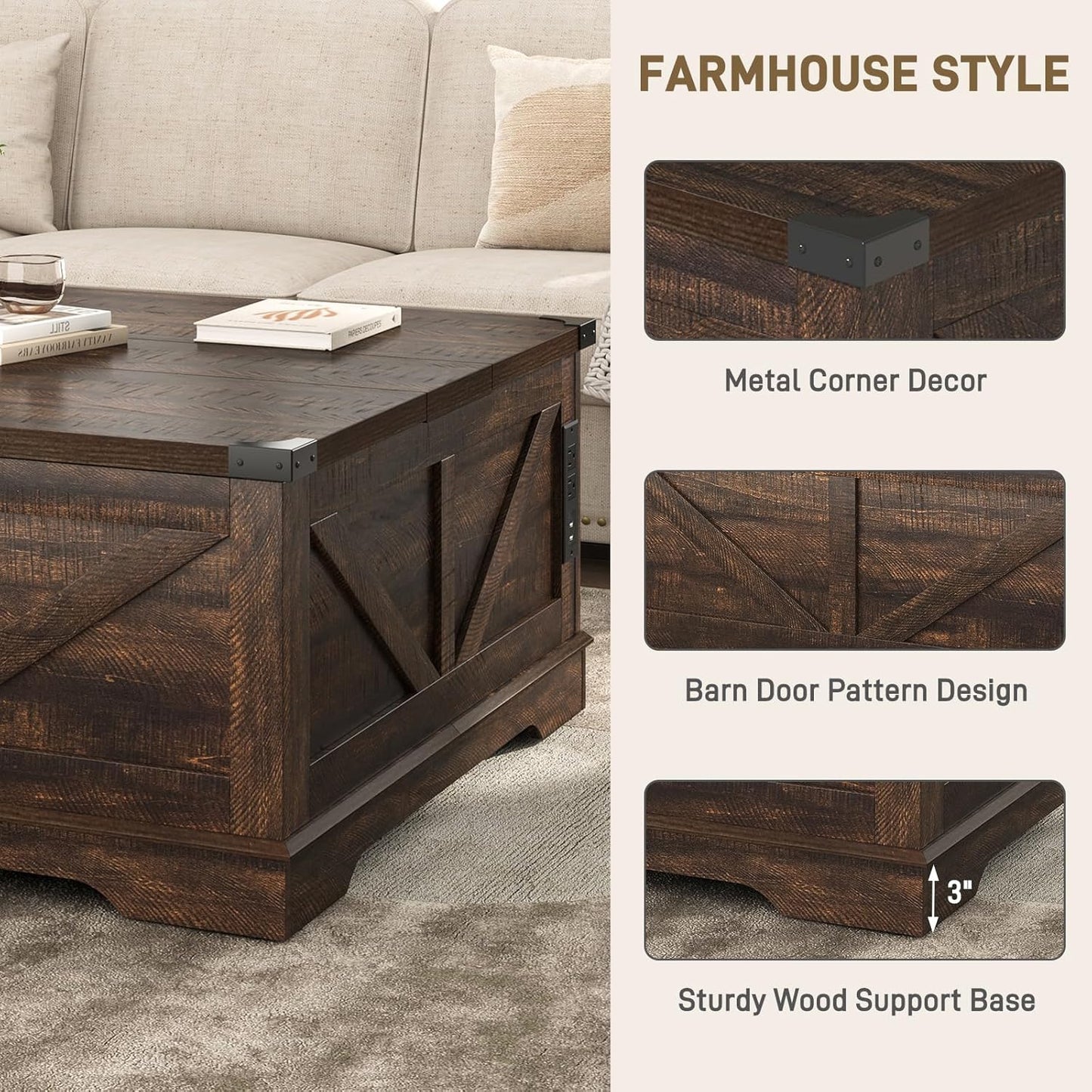 40” Large Farmhouse Lift Top Coffee Table with Power Outlets and Large Hidden Storage, Square Wood Living Room Tables, Multi-Function Lift Wooden Barn Door Center Table, Brown