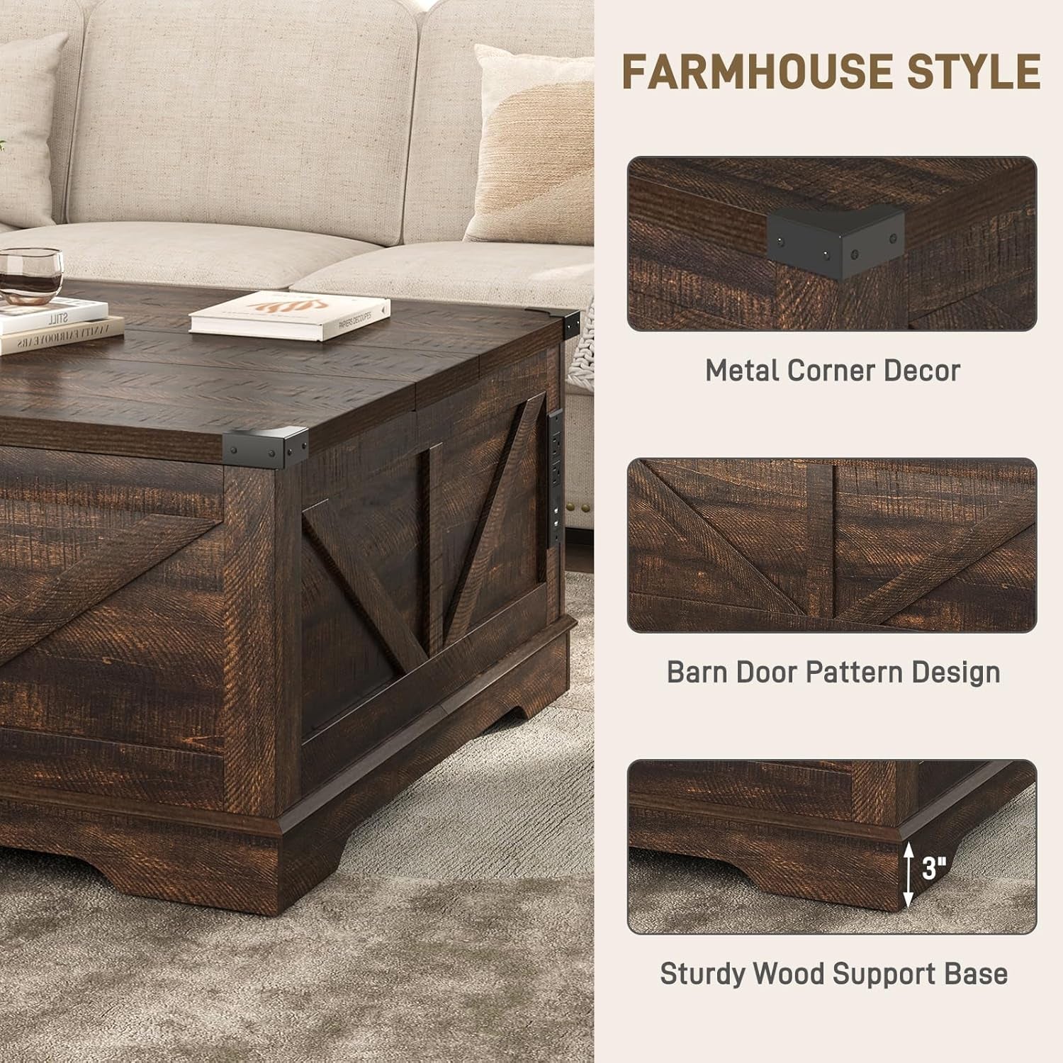 40” Large Farmhouse Lift Top Coffee Table with Power Outlets and Large Hidden Storage, Square Wood Living Room Tables, Multi-Function Lift Wooden Barn Door Center Table, Brown