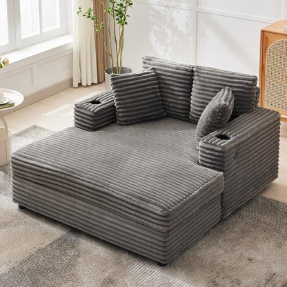 60-Inch Oversized Chaise Lounge Chair Indoor, Comfy Corduroy Lounge Sofa with Charging Station, Cup Holders & Throw Pillows, Cozy Sleeper Couch for Living Room Apartments, Grey