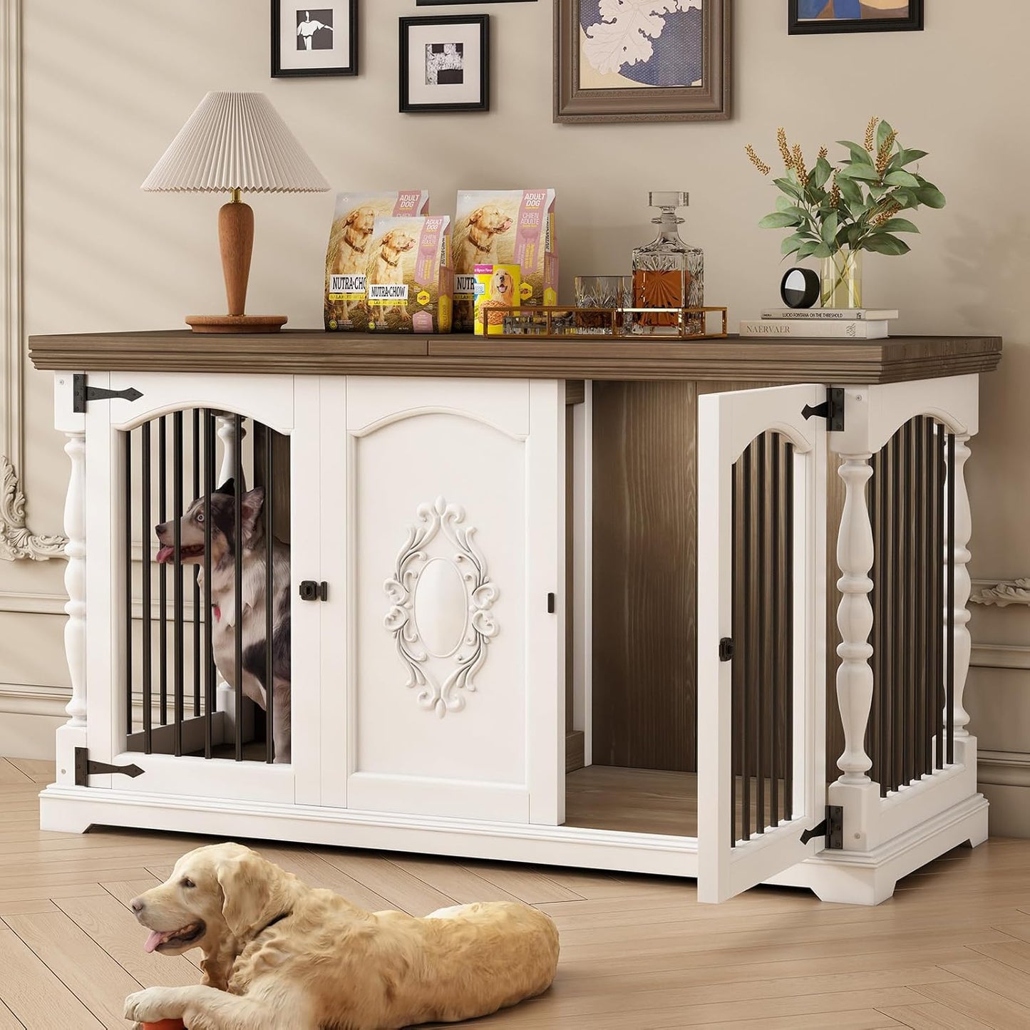 Dog Crate Furniture for 2 Dogs with Hand-Carved Patterns, All-Solid Wood Double Dog Crate & TV Stand, Large Dog Kennel with Divider for Giant Breeds, Heavy Duty Dog Cage, 62In（White）
