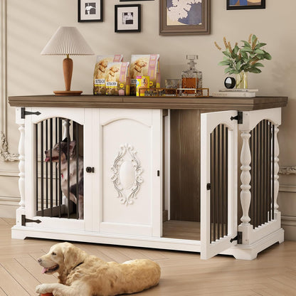 Dog Crate Furniture for 2 Dogs with Hand-Carved Patterns, All-Solid Wood Double Dog Crate & TV Stand, Large Dog Kennel with Divider for Giant Breeds, Heavy Duty Dog Cage, 62In（White）