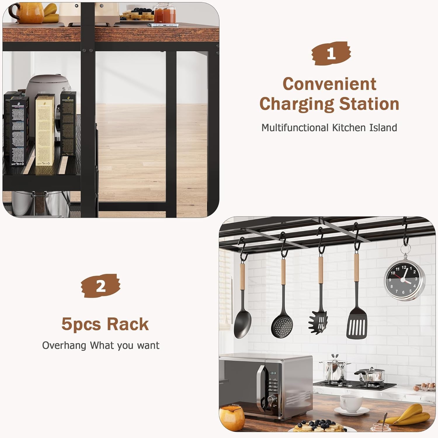 Kitchen Island with Storage, 42''Island Table for Kitchen with Seating Bakers Rack Microwave Oven Stand Shelf with 3 Tier Storage Shelf for Dining Room Living Room, 5 Hooks 42"*28"*72"