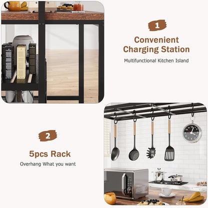Kitchen Island with Storage, 42''Island Table for Kitchen with Seating Bakers Rack Microwave Oven Stand Shelf with 3 Tier Storage Shelf for Dining Room Living Room, 5 Hooks 42"*28"*72"