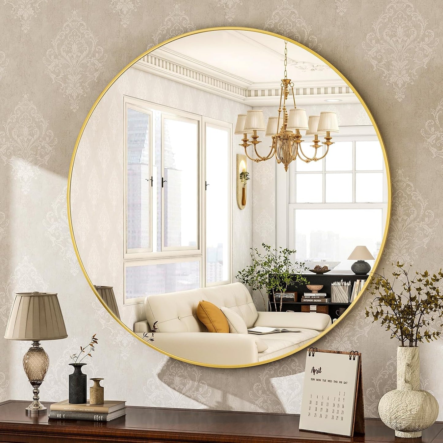 round Mirror 19.6 Gold Wall Mounted Circle Mirrors Vanity Mirror with Brushed Aluminum Alloy Frame Modern Decoration for Bathroom, Living Room, Vanity, Bedroom, Entryway