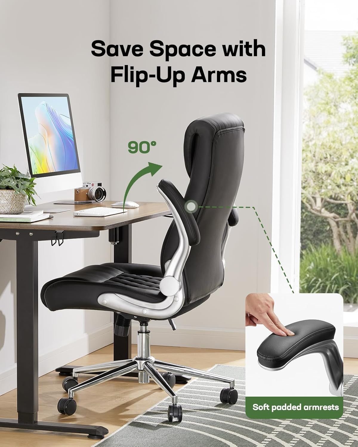Ergonomic Pu-Leather Office Chair: 5 Settings Lumbar Support, Executive Office Chair Height Adjustable with Padded Flip-Up Arms, Executive Desk Chair for Working Study-Black