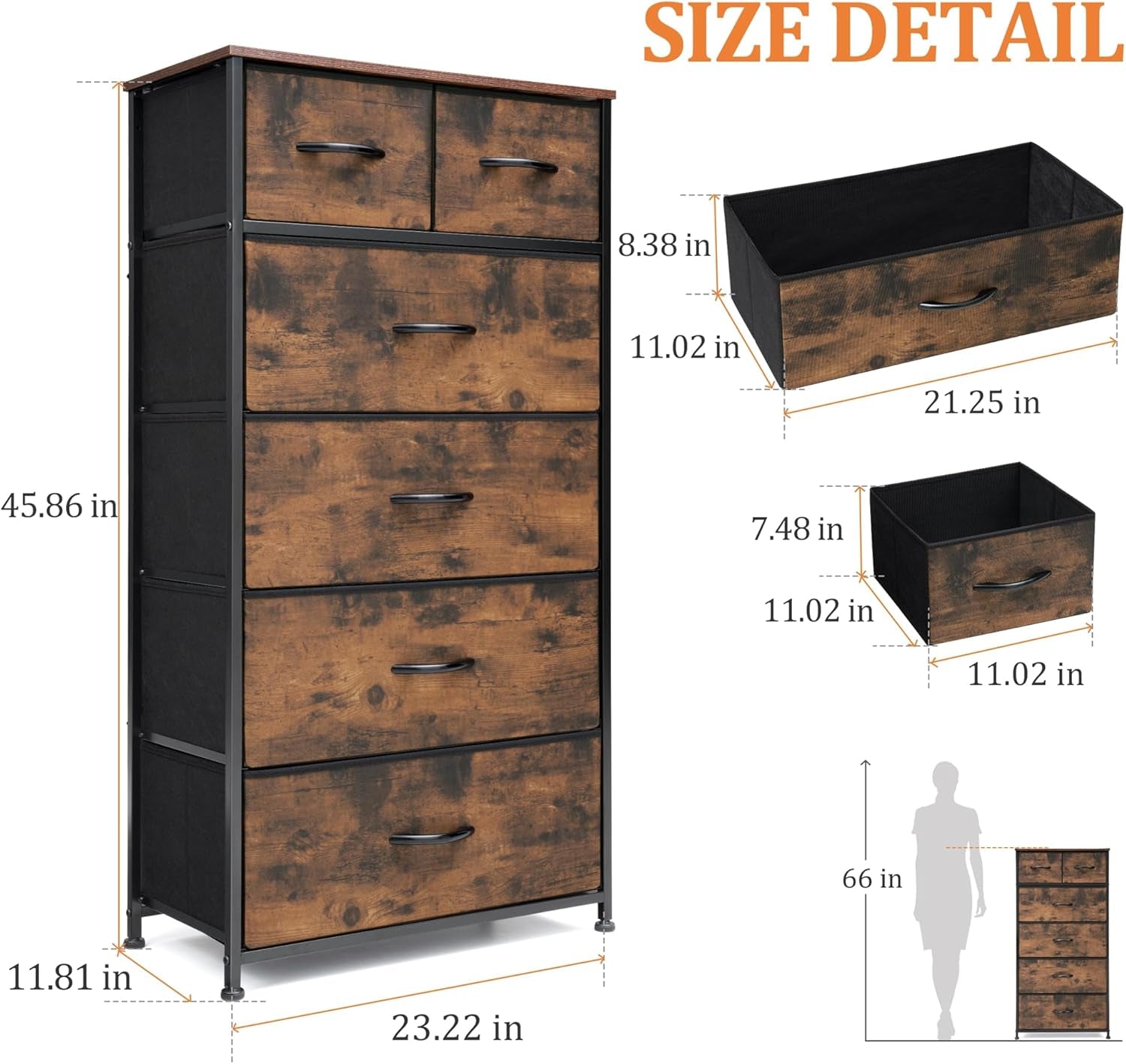 Fabric Dresser for Bedroom, Tall Skinny Dresser with 6 Drawers, Storage Organizer Tower, Steel Frame Wooden Top for Closet, Living Room, Hallway(Rustic Brown)