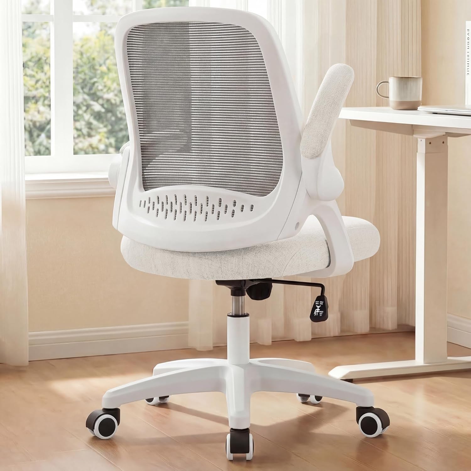 Office Desk Gaming Ergonomic Computer Chair with Lumbar Back Support Adjustable Height Swivel Rolling Wheels Flip-Up Arms Mesh Chair for Home Vanity (Ivory)