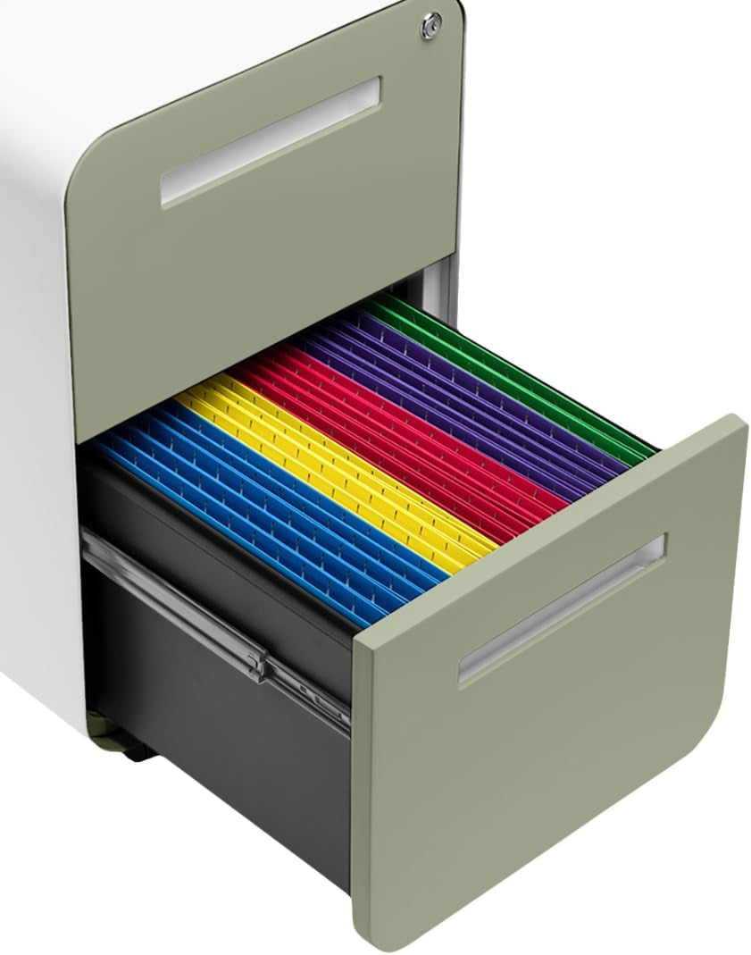 Stockpile 2 Drawer Mobile File Cabinet with Lock - under Desk Metal Filing Cabinet, Legal/Letter File Folders, Wheels and Stationary Feet, Pre-Assembled, Sage Green