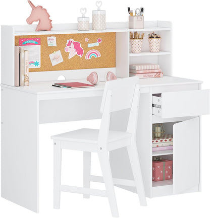 Kids Study Desk with Chair, Kids Desk and Chair Sets with Hutch and Storage Cabinet, Wooden Children Study Table, Student Writing Table Computer Workstation for 5-12 Years Old