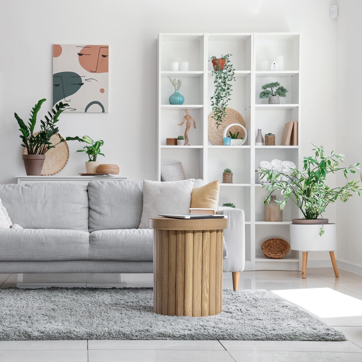 Luxenhome round Side Table, 19" H Fluted Side Table for Small Spaces, Mid Century Modern Small End Table, Wooden Accent Tables, Couch Side Tables, round Nightstand for Living Room, Bedroom