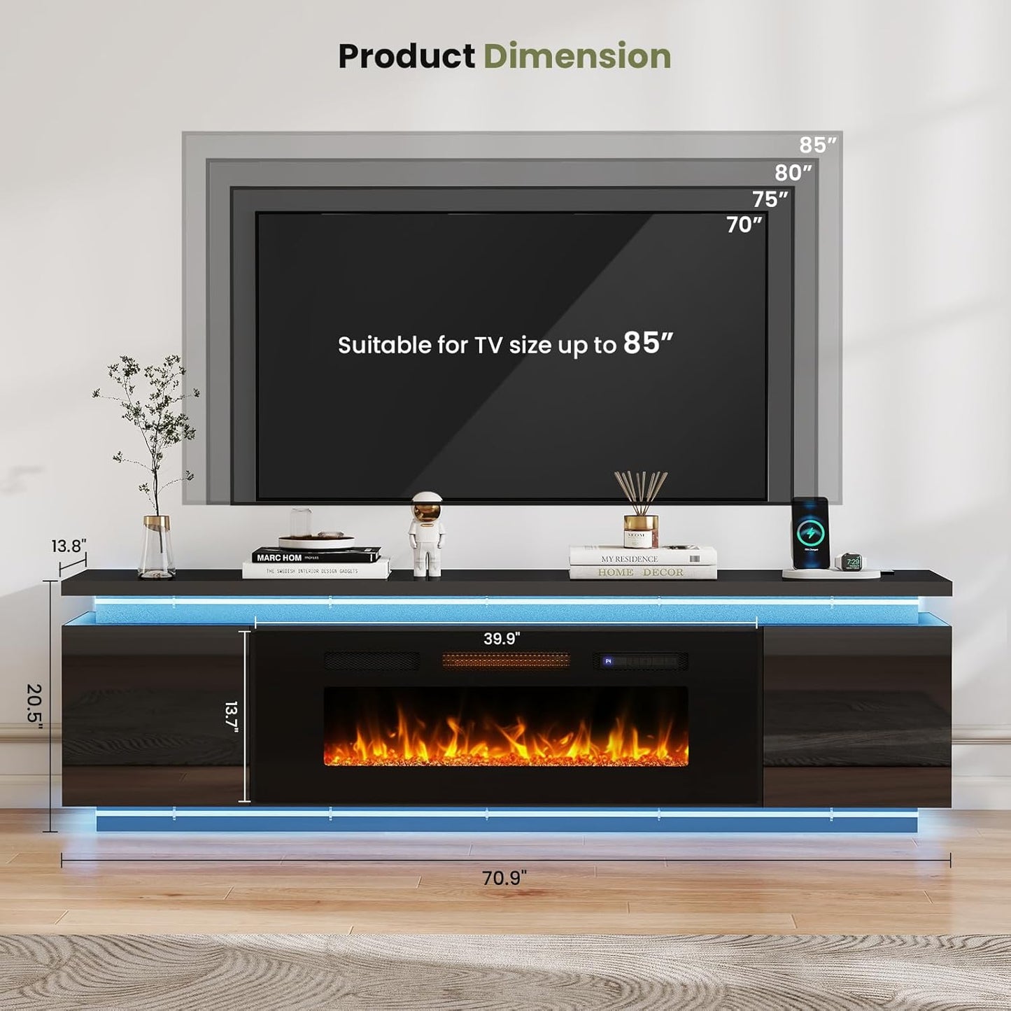Fireplace Tv-Stand with 40" Fireplace - 2 LED Light Tv-Stand for 85 Inch Tvs - Entertainment Center with 4 AC Power Outlets - 2 Tier TV Consoles Stand for Living Room, Black