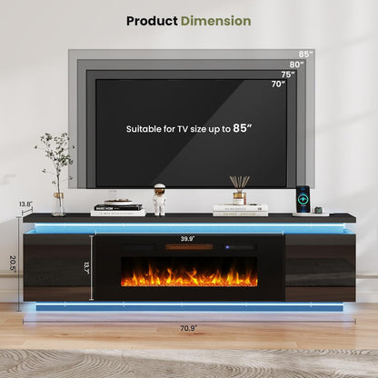Fireplace Tv-Stand with 40" Fireplace - 2 LED Light Tv-Stand for 85 Inch Tvs - Entertainment Center with 4 AC Power Outlets - 2 Tier TV Consoles Stand for Living Room, Black