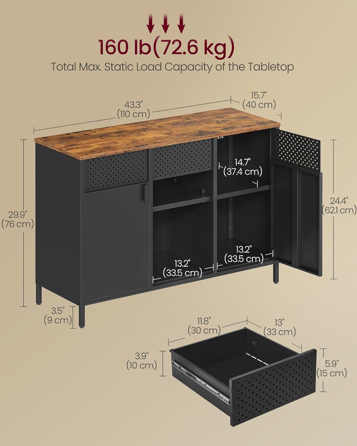 Storage Cabinet, Metal Cabinet, Sideboard with 2 Doors, 15.7 X 43.3 X 29.9 Inches, Magnetic Closure, Adjustable Shelves, Steel Frame, Rustic Brown and Matte Black ULSC204B01
