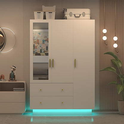 3 Door Wardrobe Closet with Mirror & LED Lights, Bedroom Armoire with Drawers & Shelves, Modern Wooden Armoire Wardrobe Closet with Hanging Rod for Bedroom, White