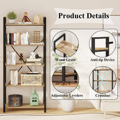 5 Tier Bookshelf, Industrial Wood and Metal Book Shelves for Display, Tall Etagere Bookcase and Rustic Shelving Unit (Rustic Oak)