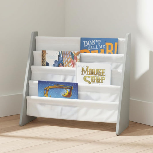 4-Tier Kids Bookshelf, Grey Wood/White - Premium Book Shelf for Kids Rooms with Four Deep Pockets - Toddler Sling Book Rack with Deep Sleeves, Nursery Bookcase Organizer