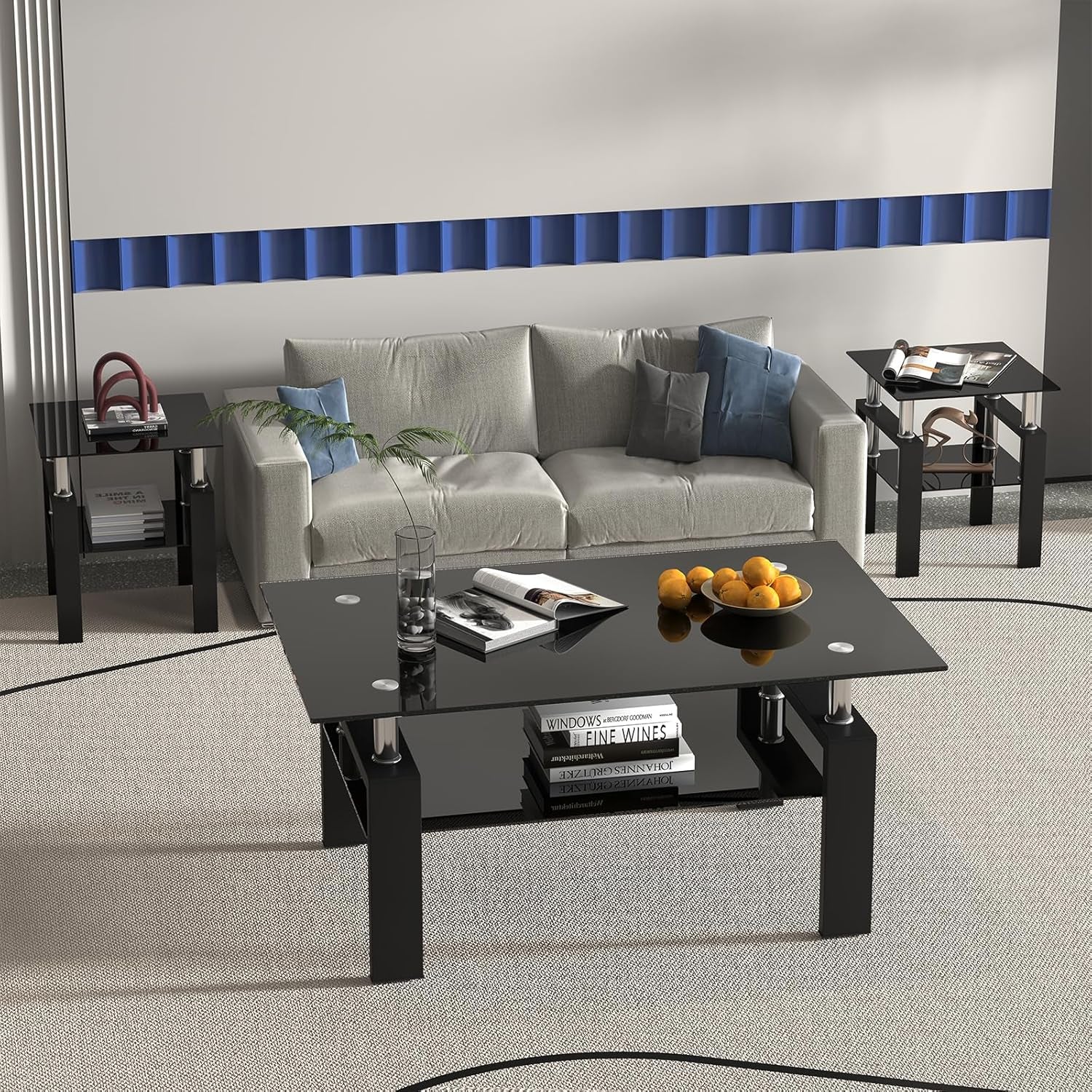 Black Glass End Tables, Small Glass Top End Table, Black Side Table, Square Shape, Tempered Glass Top, Metal Frame, for Living Room Bedroom (1Pcs End Table)