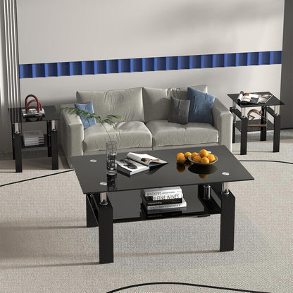 Black Glass End Tables, Small Glass Top End Table, Black Side Table, Square Shape, Tempered Glass Top, Metal Frame, for Living Room Bedroom (1Pcs End Table)