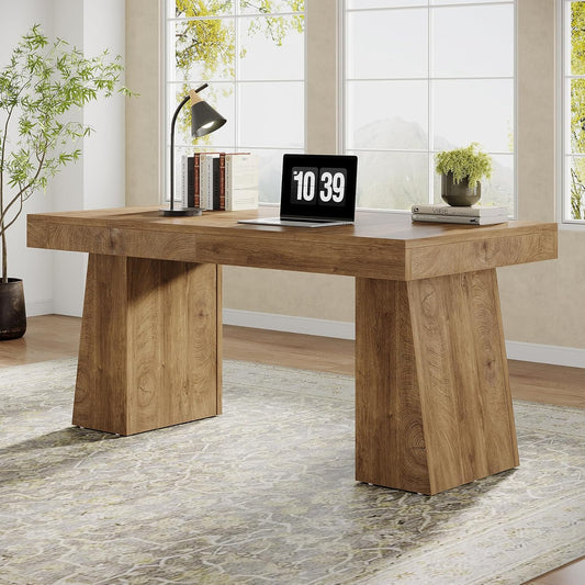 55" Executive Desk, Wooden Office Desk with Double Pedestal, Modern Simple Computer Writing Table for Home Office, Light Brown