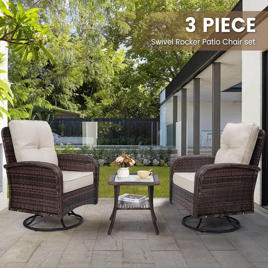 Luxury Outdoor Swivel Wicker Glider Patio Chairs with Table Set, Overstuffed Washable Cushions, Ideal for Porch, Balcony, Deck, Brown Rattan and Beige Cushion