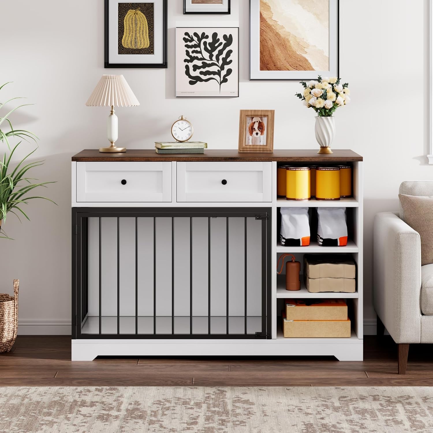 47" Dog Crate Furniture, Wooden Dog Kennel with Drawers and Shelves, Large Dogs Crate Furniture TV Stand, Indoor Pet Cage for Large Medium Dogs