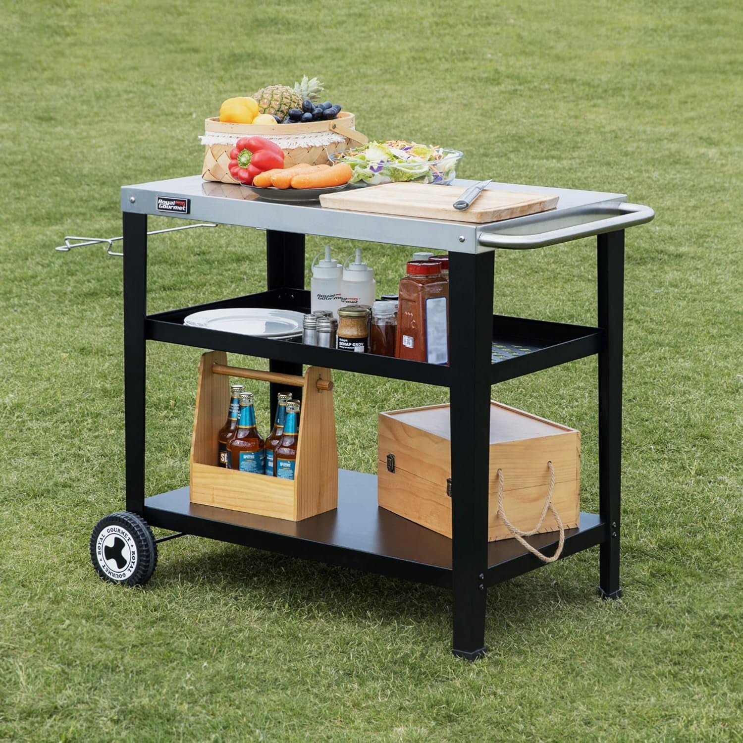 PC3404S Rolling Dining Table with Trash Bag Holder, Outdoor Garden Patio BBQ Kitchen Food Prep Table Cart, 34"L X 20"W Stainless Steel Tabletop, Silver & Black