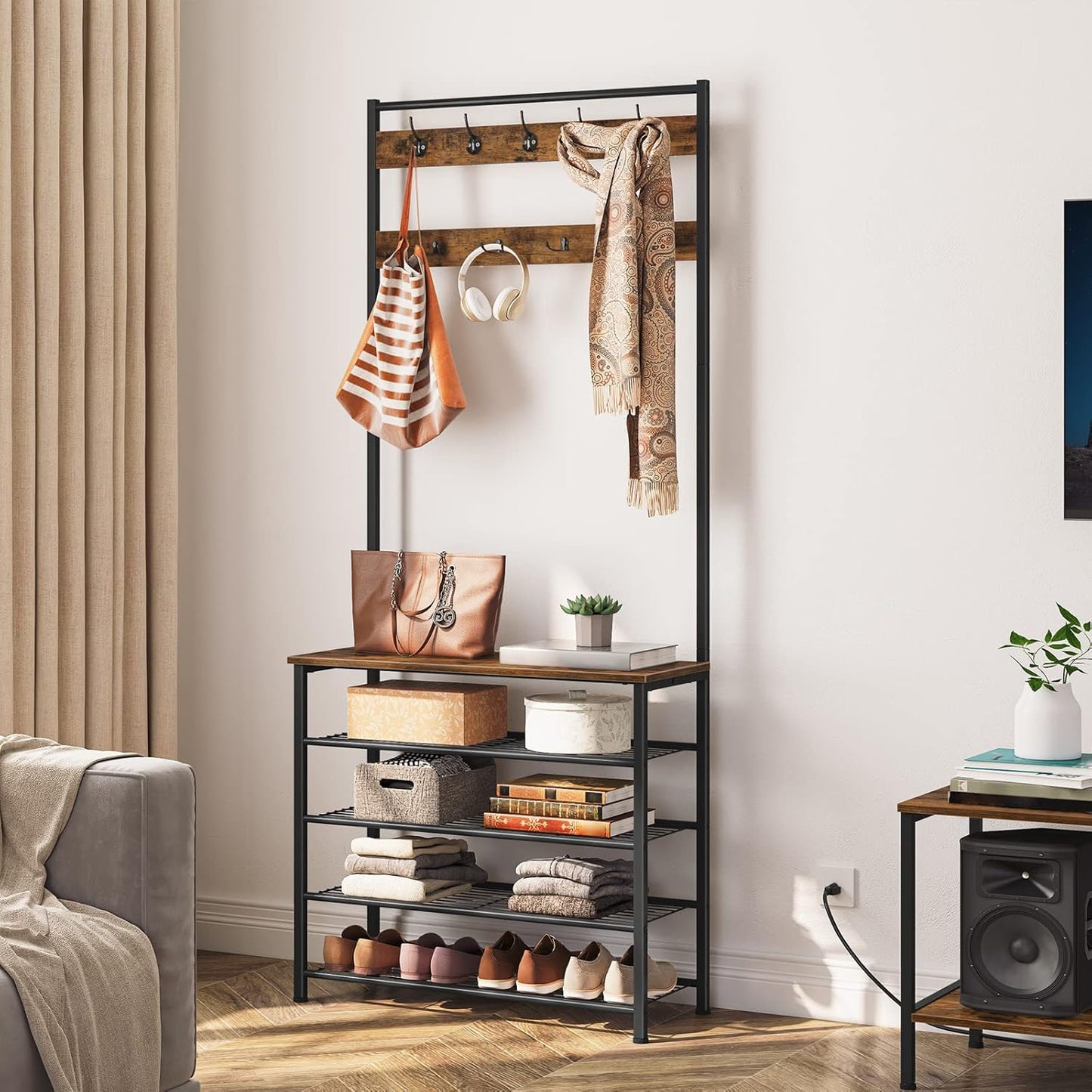 Hall Tree, Coat Rack with Shoe Rack, Hall Tree with Bench, 5 Tier Shoe Storage Organizer with 9 Hooks for Entryway, Closet, Sturdy, Industrial, Rustic Brown and Black BF80MT01G2