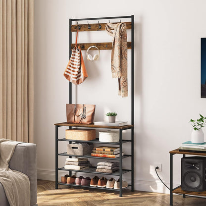 Hall Tree, Coat Rack with Shoe Rack, Hall Tree with Bench, 5 Tier Shoe Storage Organizer with 9 Hooks for Entryway, Closet, Sturdy, Industrial, Rustic Brown and Black BF80MT01G2