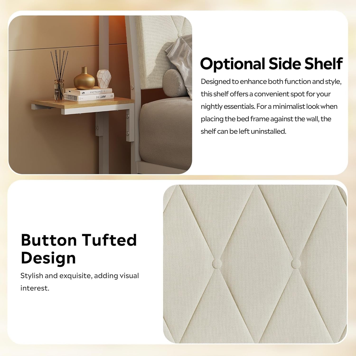 Twin Bed Frames with Headboard, Upholstered Bed Frame with 2 Storage Shelves, Platform Bed with LED Lights and Charging Station, 600LBS Mattress Foundation, No Box Spring Needed, Beige