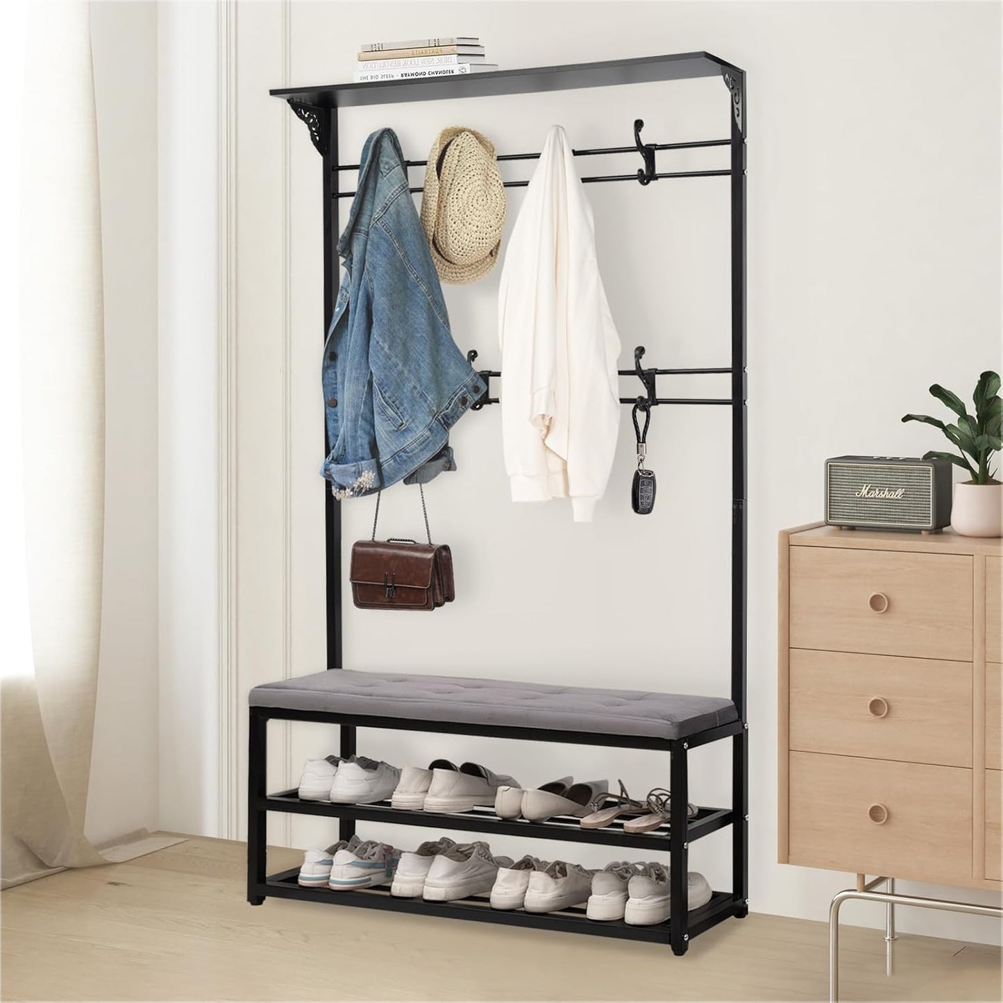 4-In-1 Entryway Hall Tree with Bench & Shoe Storage, 39.3" Multifunctional Coat Rack Organizer for Mudroom, Entryway Furniture with Adjustable Cushion, 400 Lb Weight Capacity.