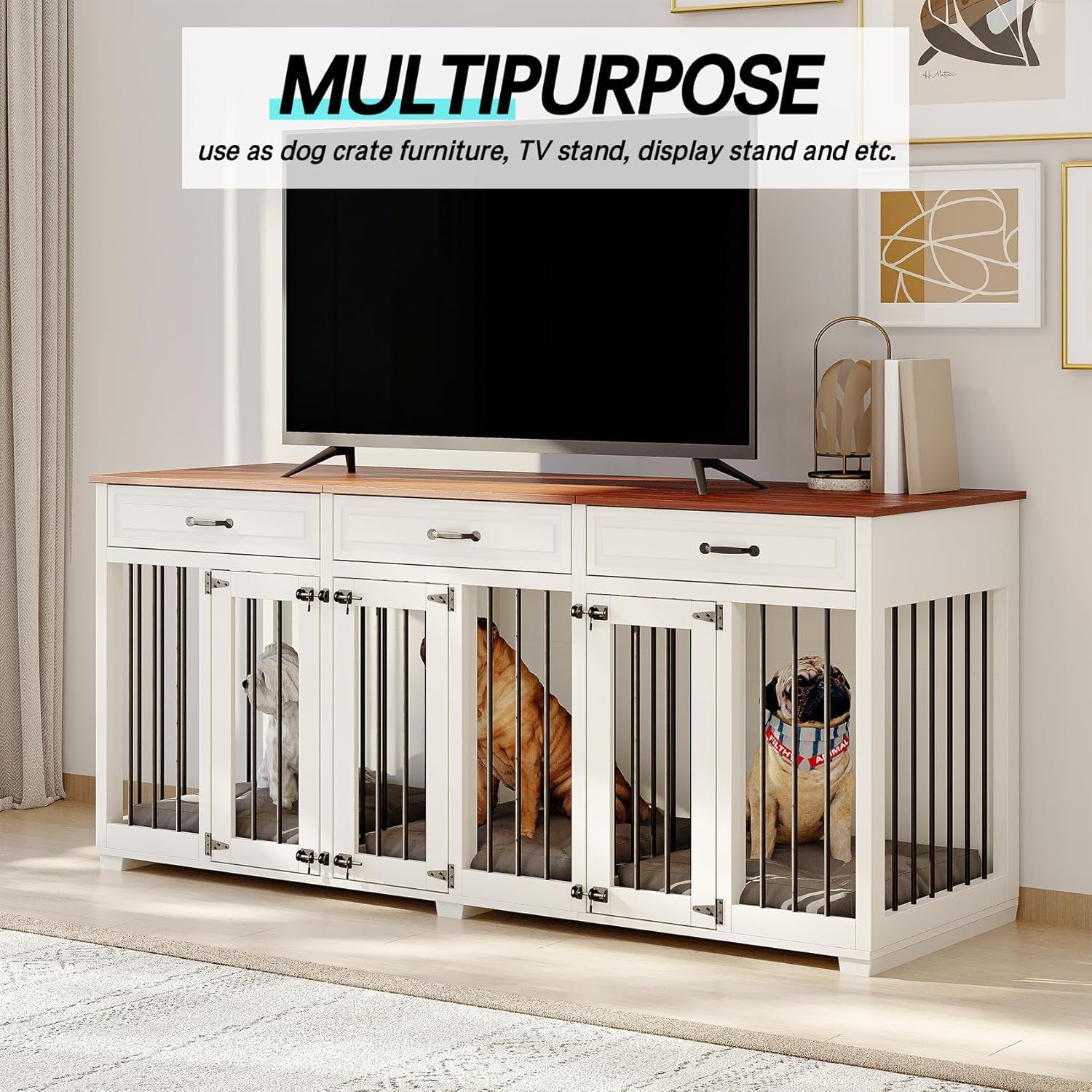 Dog Crate Furniture - Indoor Wooden Dog Kennel with 2 Dividers, 3 Drawers, and 3 Lockable Doors, 72"X23.6"X31.5"H, White