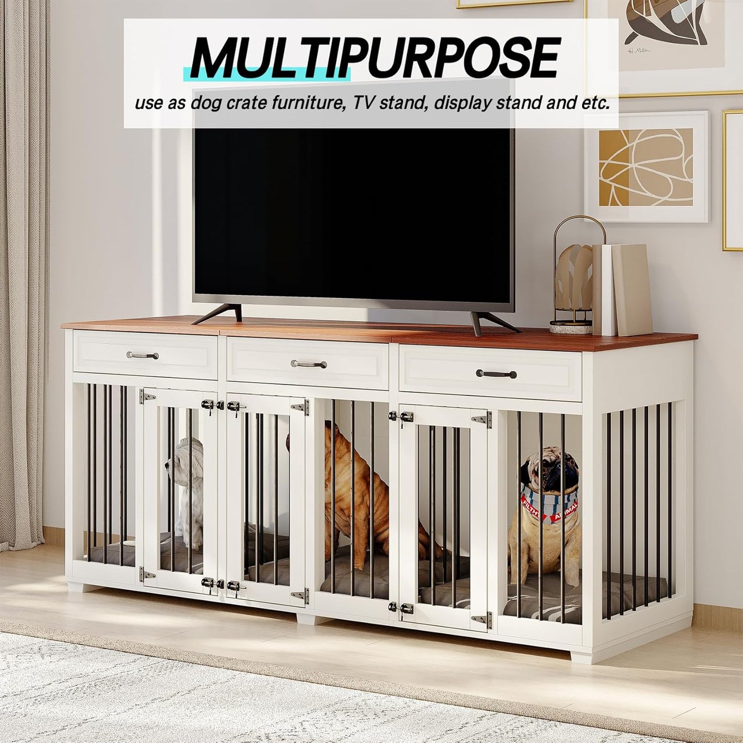 Dog Crate Furniture - Indoor Wooden Dog Kennel Furniture with 2 Dividers, 3 Drawers, and 3 Lockable Doors - 72"X23.6"X31.5"H, White