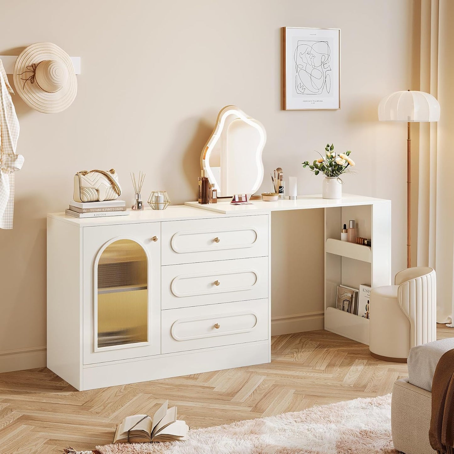 Corner Makeup Vanity Desk with 3 Drawers, 78" Modern L-Shaped Vanity Table with Reversible Cabinet, Extendable Dressing Table Combo with 1 Door for Women & Girls Bedroom (Without Mirror)