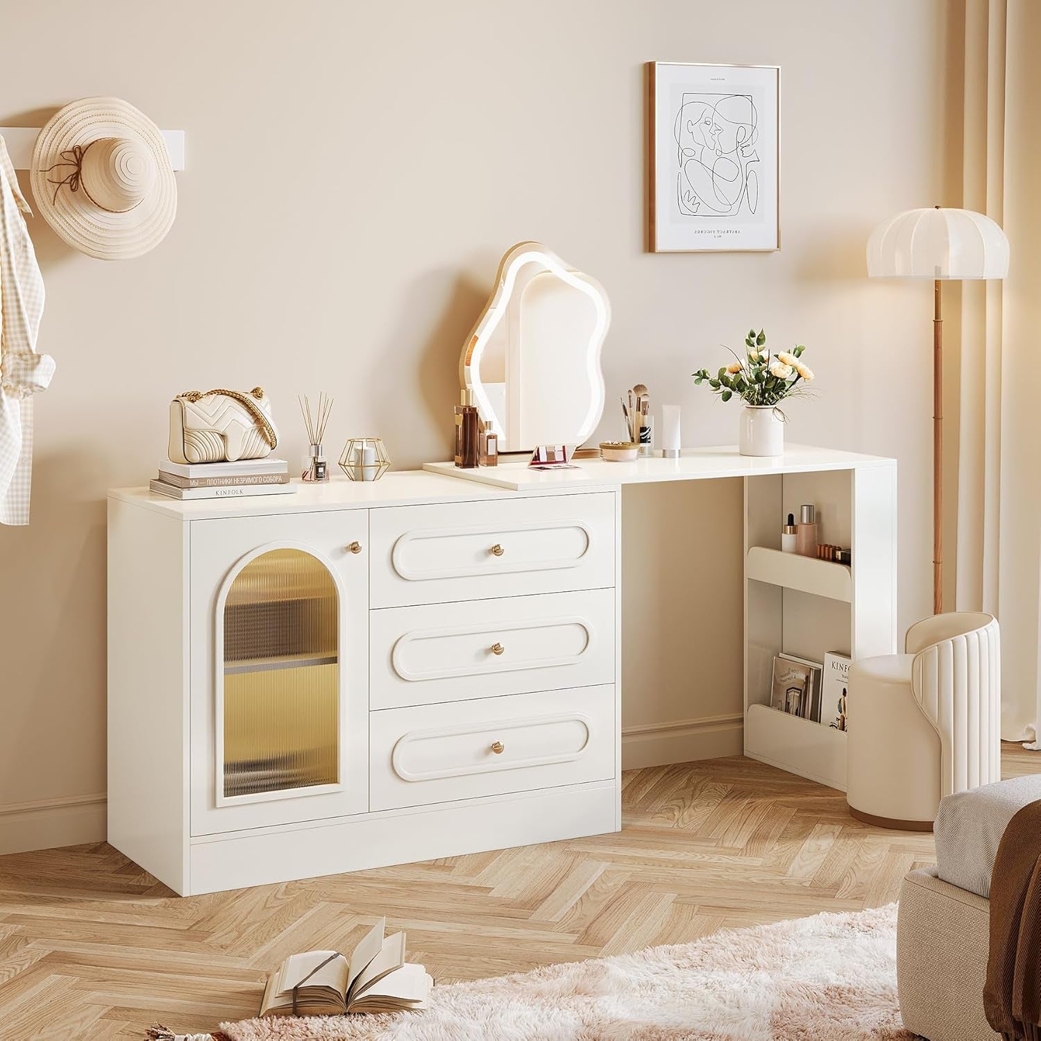 Corner Makeup Vanity Desk with 3 Drawers, 78" Modern L-Shaped Vanity Table with Reversible Cabinet, Extendable Dressing Table Combo with 1 Door for Women & Girls Bedroom (Without Mirror)