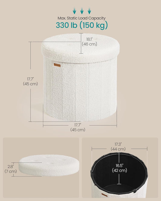 Mazie Collection - round Storage Ottoman, Folding Footrest Stool with Removable Lid, Easy Assembly, Teddy Fleece Vanity Stool for Bedroom, Living Room, Entryway, Cream White ULSF606W01