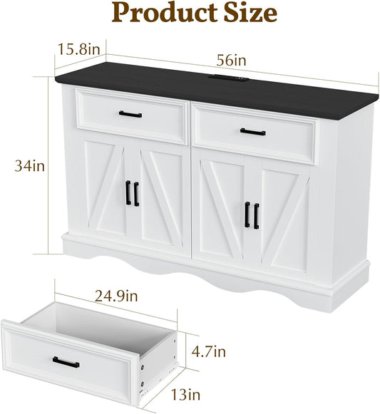 56" Modern Farmhouse Sideboard Buffet Cabinet with 4 Doors and 2 Drawers, Kitchen Storage Cabinet with Adjustable Shelves, Coffee Bar with Charging Station for Living Room, White