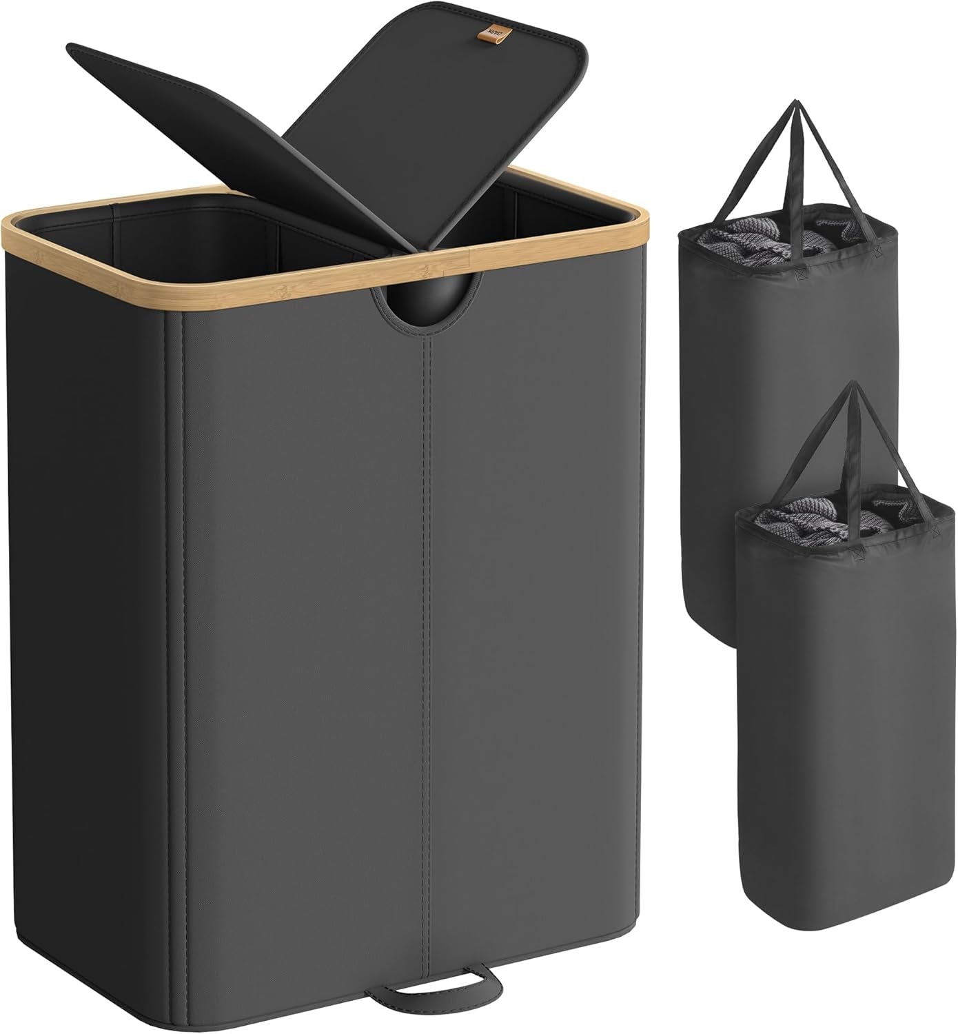 Laundry Hamper with Lids, Laundry Basket with 2 Compartments, 39 Gal. (150 L), Removable Liner Bag, for Laundry Room, Bedroom, Living Room, Ink Black and Light Bamboo ULCB523B01